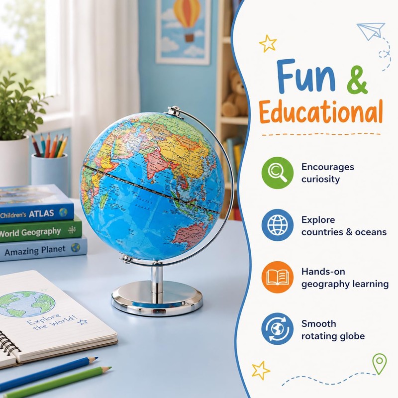 EXERZ 14cm Mini World Globe, Political Map with Stainless Steel