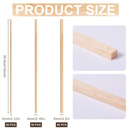 150pcs 12in Wood Sticks, 3mm 4mm 5mm Natural Hardwood Square Dowels Unfinished Wood Strips Wooden Dowels Craft Dowel Sticks Wooden Sticks for Crafting Woodcraft Decorations