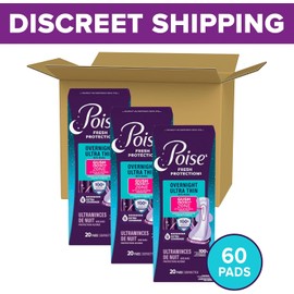 Poise Overnight Ultra Thin Incontinence & Postpartum Pads with Wings for Bladder Leaks, 8 Drop Extra Absorbent, Long Length, 60 Count