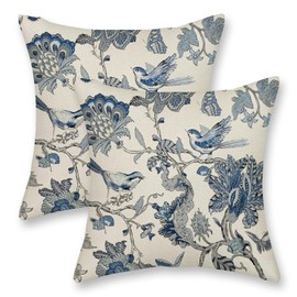 DAFENA Chinoiserie Pillow Covers 20x20 Inch 2 Pcs Spring Navy Blue Floral Birds Decor Throw Pillows Vintage Flower Seasonal Outdoor Indoor Decoration Pillowcase Linen Cushion Cover for Couch Sofa Bed