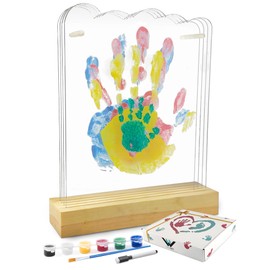 NEOWS Family Handprint Set of 4 Prints with Wooden Base and Cloud-Shaped Acrylic Films, Footprint Painting Set Baby and the Whole Family, Decoration Gift Idea Family, Dermatologically Tested Colours