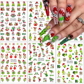 ZTZTST Christmas Nail Art Stickers Decals 3D Self-Adhesive Cute Cartoon Green Monster Nail Art Designs Stickers Winterxmas Nail Supplies Charm Decals Women Girls New Year DIY Nail Decoration 6 Sheets