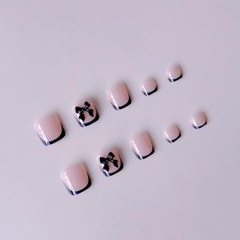 Black French Tip Press on Toenails Bow Fake Toenails Short Square Glue on Toe Nails Glossy Full Cover False Toes Reusable Artificial Acrylic Stick on Toenails for Women Girls Summer Manicure 24Pcs
