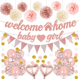Welcome Home Baby Girl Decorations - 30 Pcs Rose Gold Balloons Banners Pennant Flag Bunting Paper Pompoms Glitter Confetti Balloons For Family Girls Baby Shower Welcome Back Party Supplies