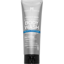 MARTHA DEBAYLE VELVET SKIN EXTREME NOURISHING BODY WASH con vetiver y madera de cedro. Fórmula Cremosa, hidratante y con perlas de vitamina E. . Sin parabenos y ftalatos. 250 ml