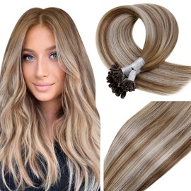Vivien Real Hair Bonding Extensions, 45 cm, U-Tip Human Hair, #6/60/6 Balayage Medium Brown with Blonde and Medium Brown, Remy Cheratina Extensions, Real Hair, 50 g / 50 Strands