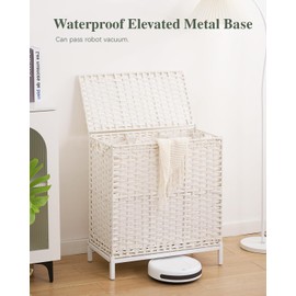 SETVSON Laundry Hamper with Lid 132 L, (35 Gallons) Clothes Hamper with Lid, Handwoven Rattan Laundry Hamper with Metal Heightened Feet, Laundry Hampers with 3 Removable Liner Bags for Laundry-White