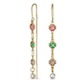 Delicate Three Colorful Pastel Crystal Purple Orange Multi Color Dangle Long Chain Heart Clover Flower Threader Earrings For Women Teens Stabilizing U Wire Gold Plated