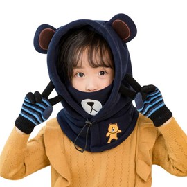 Kids 3 IN 1 Hat Warm Mask Scarf Set Boys Girls Fleece Balaclava Ski Hat Neckwarmer Mask Adjustable Windproof Hood Winter Thermal Neck Snood for Children Age 5-10 (Deep Blue)