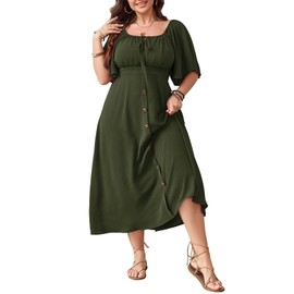 SHESTARR Plus Size Summer Dress Short Sleeve Square Neck Tie Front Smocked Button Down Flowy A-line Boho Maxi Long Dresses Army Green