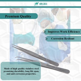 2 Multifunction Micro Surgical Forceps Stainless Steel Lab Tweezers with High Precision Fine Curved + Straight Point Serrated Jaws for Microscopic Detailed Work - 5.5"