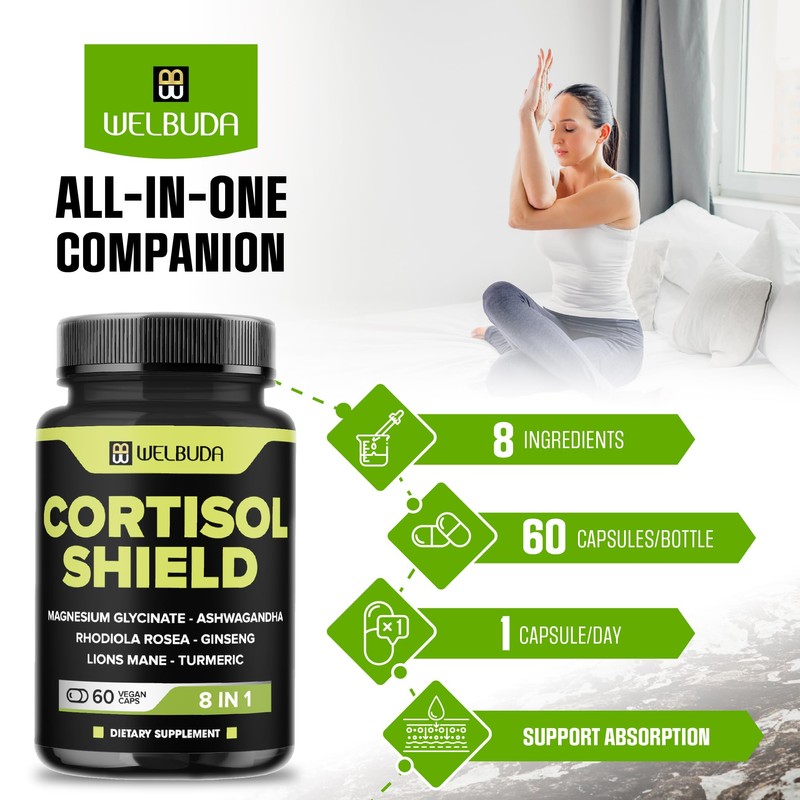 WELBUDA 8in1 Cortisol Shield - Ashwagandha and Magnesium, Rhodiola Rosea,