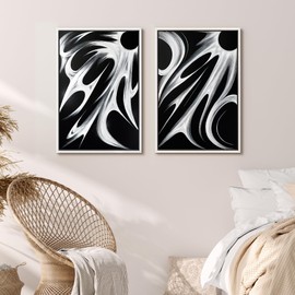 MUDECOR Framed Canvas Print Wall Art Set Black and White Abstract Modern Geometric Flow Illustrations Modern Art Decorative Bohemian Calm/Zen for Living Room, Bedroom, Office - 16"x24"x2 White