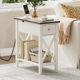 ChooChoo Farmhouse End Table with Charging Station, Accent Small Side Table Nightstand for Living Room, Bedroom, and Small Spaces - Soft White