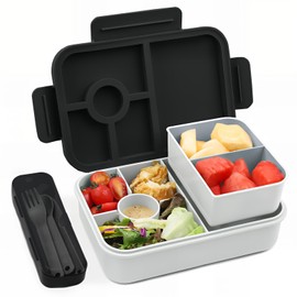 Bugucat Lunch Box 1300ML,Leak-Proof Bento Lunch Box with 4 Compartments,Kids Lunch Box Bento Box Adult with Cutlery, Snack Boxes Bento Boxes with Compartments for School Kindergarten Office,Black
