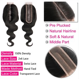 2x6 HD Lace Closure Body Wave Human Hair Lace Closure Kim K Closure Middle Part Closure HD Transparent Body Wave Lace Closure 16 inch