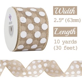 MEEDEE Burlap Ribbon with White Polka Dots - 2.5 Inch Natural Linen Wire Edge Craft Ribbon for Baby Shower, Beach, Farmhouse Gift Basket, 10 Yards