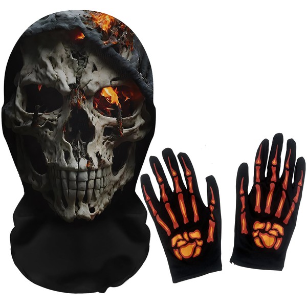 UZYXC 1 Set Scary Mask with Skeleton Gloves, Balaclava Motorcycle