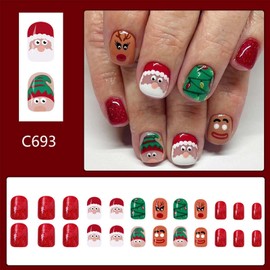 Christmas Press on Nails Short Square Fake Nails Santa Claus Glitter with Elk Illumination Design Red False Nails Xmas Acrylic Nails Artificial Glue on Nails Full Cover Stick on Nails for Women 24Pcs