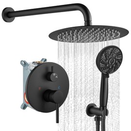 gotonovo Round Shower System 10 Inch High Pressure Rain Showerhead with 6-Mode Handheld Spray Wall Mounted Shower Faucet Set Trim Kit with Rough in Valve, Matte Black