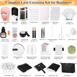 Lashes Kit for Eyelash Extension Beginner Lash Tech Starter Kit with Lash Mannequin Head, Professional Eyelash Extension Kit with Lash Fan, Extension Glue for Practice Training