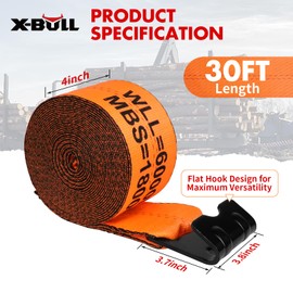 X-BULL 4" x30' Winch Straps, 18,000lbs Break Strength, 6000lbs WLL, Heavy Duty Cargo Flatbed Trailer Straps with Large Flat Hook for Flatbeds, Trucks, Tree Saver, Orange(10 Pack)