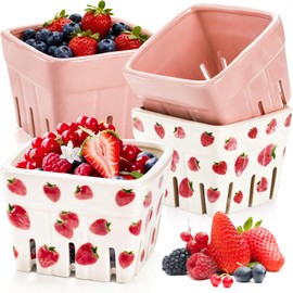 Pumtus 4 Pack Ceramic Berry Baskets, 4.6" Square Fruit Bowls with Holes, Pink & White Berry Containers for Fridge, Decorative Strawberry Grape Cherry Colander, Fruit Crate Holder for Gift Kitchen