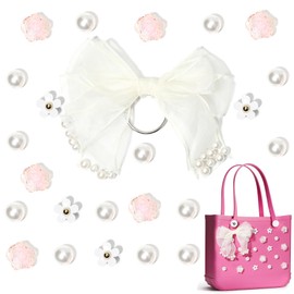 SANUIU Yellow Fabric Bow Charms for Rubber Bag, Decorative Flower Pearl Charms Accessories for Totes Bag Original All Models, Insert Daisy Flower for Rubber Beach Totes Accessories