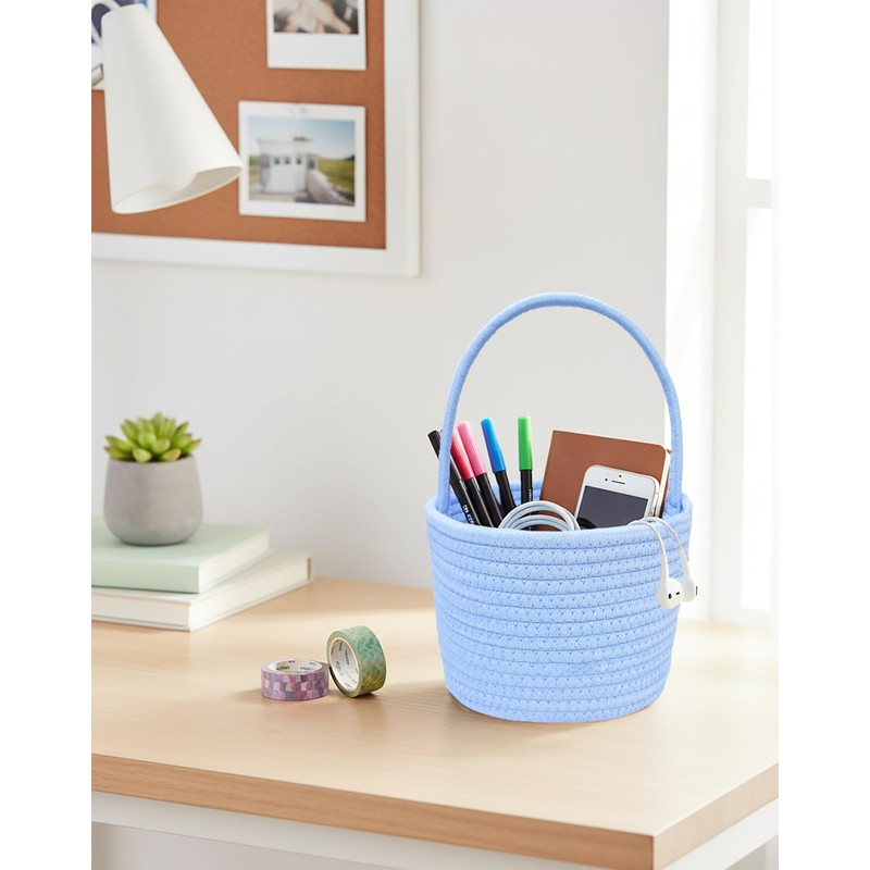 Prudance 6" x 5" Small Cotton Rope Basket with Handle,Blue,Favors