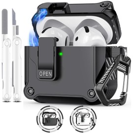 Compatible with Airpods 4 Case Cover for Women Men, Unique Security Lock Cases for Airpods 4th Generation Case 2024 with Cleaning Kit and Keychain Front LED Visible Black