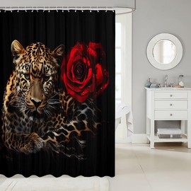 Rose Cheetah Waterproof Shower Curtains Leopard Print Bathroom Shower Curtain For Kids Boys Girls Romantic Red Rose Floral Shower Curtain with Hooks 3D Animal Bath Bathtub Decor Curtains 72x72 Inch