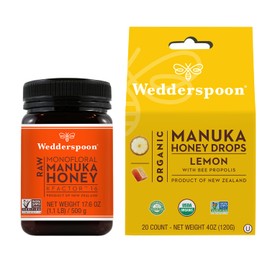 Wedderspoon Wedderspoon Raw Premium Manuka Honey KFactor 16+ & Wedderspoon Organic Manuka Honey Drops, Lemon + Bee Propolis, Unpasteurized, Perfect Remedy For Dry Throats