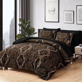 WONGS BEDDING Black Comforter Set Full Size, Gold Damask Texture 7 Pieces Bed in a Bag Microfiber Comforter Bedding Sets -1 Comforter, 1 Flat Sheet, 1 Fitted Sheet, 2 Pillow Shams, 2 Pillowcases