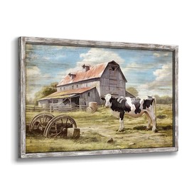 Farmhouse Framed Picture Wall Art: Large Rustic Barn Wooden Painting Country Landscape Farm Cow Print Vintage Rural Scene Artwork for Living Room Bedroom