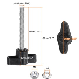 sourcing map 8pcs Tee Wing Knobs M6 x 50mm Metric 304 Stainless Steel Threaded Stud 36mm Z/T Head Plastic Handles Thumb Screws Hand Clamping Knob Grip Thumbscrew with Nuts Washers, Black