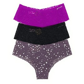 Victoria's Secret PINK Cheekster Panty Set of 3 Small No Show Lace Magenta/Black/Mauve Stars
