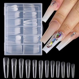 AddFavor 240pcs Long Coffin Gel x Nail Tips, 240pcs Long Ballerina Gel Nail Tips Coffin Clear Fake Nails Full Cover Acrylic Nail Tips for Nail Extension/Acrylic Nails/Press on Nails Making