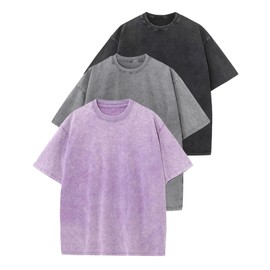 Wyeysyt 3 Pack Men's Oversized T Shirts Vintage Baggy Tee Cotton Loose Short Sleeves Casual Acid Wash Shirts Unisex Tops(BlackGreyPurple-M)