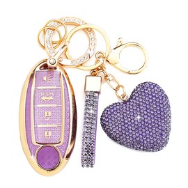 Simocky Fit for Nissan Key Fob Cover with Diamond Heart Keychain for Women (4 Buttons), Purple, for Niss 4 Buttons