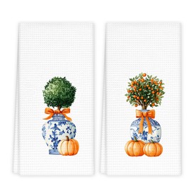 fZSZSD Chinoiserie Fall Pumpkin Kitchen Towels, Grandmillenial Autumn Dish Towels for Kitchen, Fall Tea Towel, Blue and White Chinoiserie Porcelain Pumpkin Hand Towel for Bathroom, 16x24 Inch Set of 2