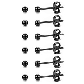 3mm Black Ball Stud Earrings for Women, Small Black Stud Earrings Tiny Metal Stud Earrings Set for Women Men 20G Mini Studs Hypoallergenic, Pack of 6 Pairs