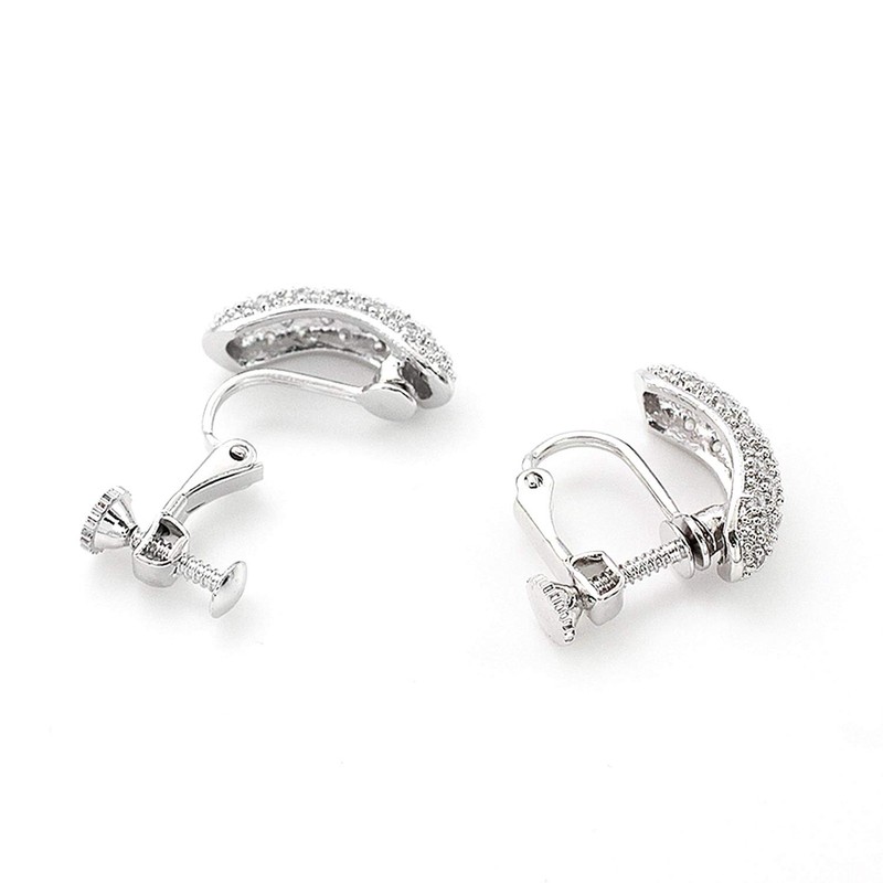 Barzaz Women's Earrings, Silver, Pave Simple, Screw Spring Type, Brass,