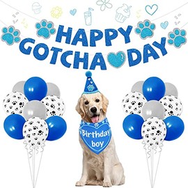 SINFUN Gotcha Day Dog Bandana Boy Girl Pet Happy Birthday Triangle Scarf Bibs Blue Pink Cone Hat Banners Balloons Adoption Party Decor Accessories for Puppy Small Large Dogs Cats (Blue)