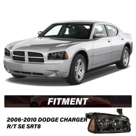 Headlight Assembly Fit for 2006-2010 Dodge Charger Headlight with Corner Light Passenger and Driver Side Black Housing Smoke Lens & Clear Reflector with High/Low Beam Bulbs