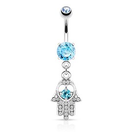 Pierced Owl 14GA Stainless Steel CZ Crystal Hamsa Hand Dangling Belly Button Ring (Aqua)