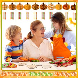 GlikCeil 128 Pcs Fall Crafts Pumpkin Wind Chime Making Kit Make Your Own Pumpkin Wind Chime Wooden Arts and Crafts Ornaments DIY to Paint Pumpkin Craft for Fall Autumn Thanksgiving Party