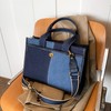 Canvas Denim Tote Bag for Women, Two Tone Splicing, Leather