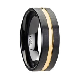 Roy Rose Jewelry Mens Black Ceramic Yellow Gold Groove Wedding Ring - Brushed Finish Comfort Fit - 6mm Wide - Style Name: Vivaldi - Ring Size 14.5