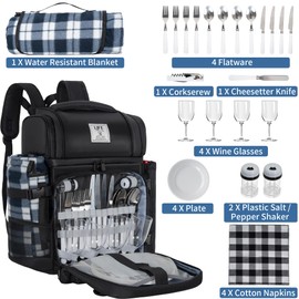 ITHWIU Picnic Backpack for 4 Person with 2 Insulated Leakproof Cooler Compartment, 4 Cutlery Sets, Wine Holder, Fleece Blanket, Perfect for Beach, Camping, Hiking, Black