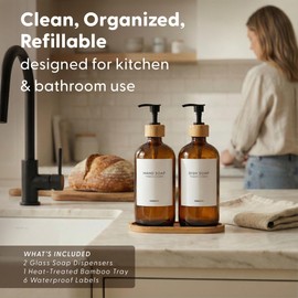 Maisonovo Glass Soap Dispenser Bathroom Set | Hand Soap and Dish Soap Dispenser Set | 16.9oz Amber Bottles with Black Bamboo Pump | Bathroom Lotion Dispenser with Pump Set of 2